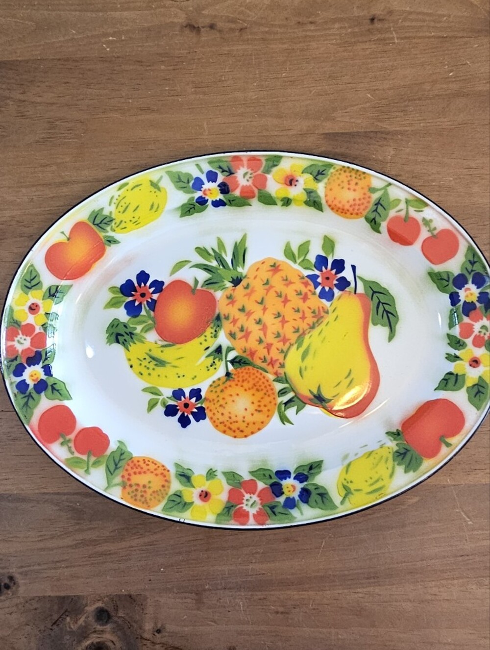 Vintage Retro MCM Metal Enamelware Oval Platter Fruit & Flowers 17"x13"